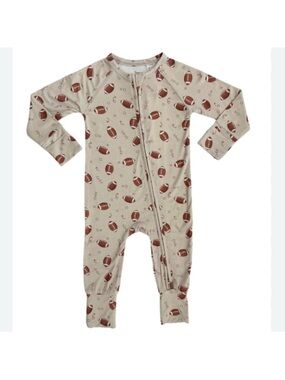 In My Jammers Zipper Romper Boys 6-9M Tan Footballs Bamboo Sleeper Pajamas PJs